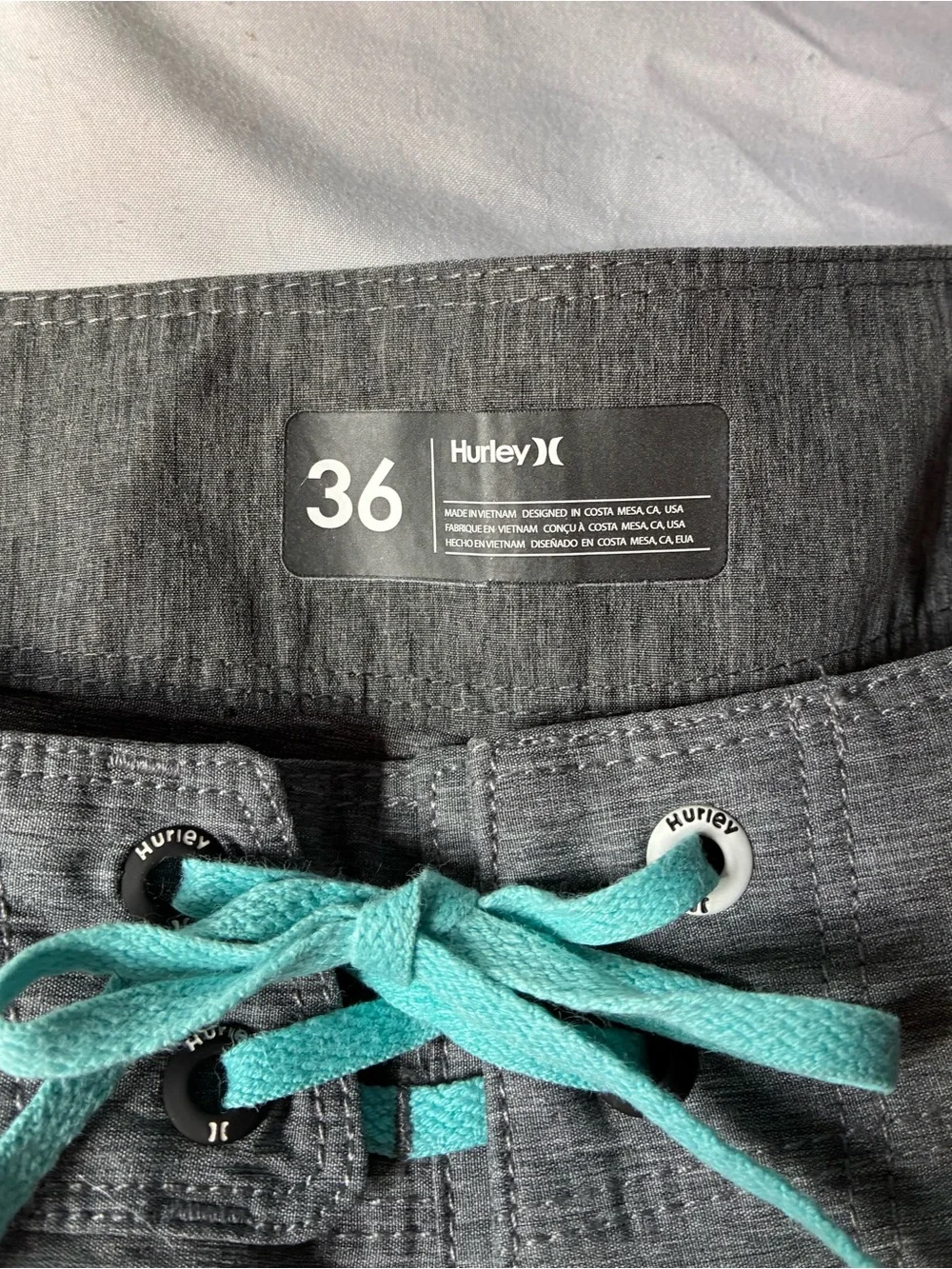 Hurley Mens Board Shorts 36 Gray Teal Swim Surf Shorts Drawstring Performance